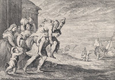 Aeneas flygter fra Troja, med en gruppe på seks figurer, der forlader byen til venstre, Aeneas bærer..., 1728. af Anton Joseph von Prenner