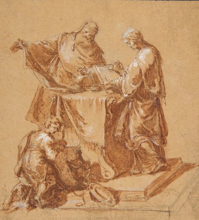 En ypperstepræst, profetinden Anna og en knælende dreng omkring et bord, 1745. af Anton Kern