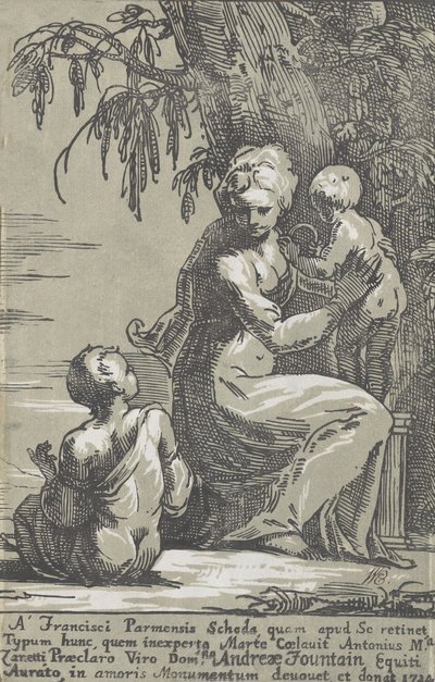En kvinde, der står ved foden af et træ og holder et spædbarn, med en siddende dreng, 1724. af Anton Maria Zanetti