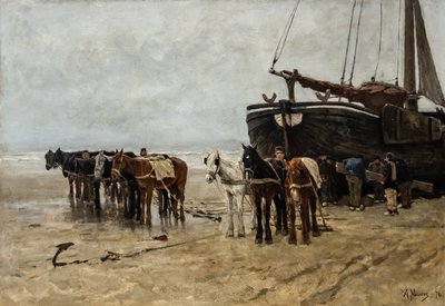 Hollandsk: Bomschuit med slæbeheste på Scheveningen-stranden Fiskebåd med slæbeheste på Scheveningen-stranden af Anton Mauve