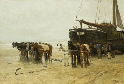 Hollandsk: Bomschuit med slæbeheste på Scheveningen-stranden Fiskebåd med slæbeheste på Scheveningen-stranden af Anton Mauve