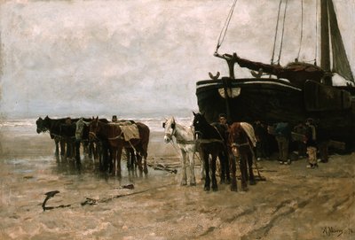 Hollandsk: Bomschuit med slæbeheste på Scheveningen-stranden Fiskebåd med slæbeheste på Scheveningen-stranden af Anton Mauve