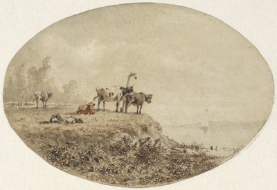 Køer ved vandet, i det fjerne et sejlskib af Anton Mauve