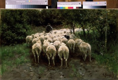 Får i skoven. Får i skoven. Hyrde med en flok kvæg set bagfra. Maleri af Anton Mauve (1838-1888). Olie på lærred. hollandsk maleri. Pushkin Museum of Fine Arts, Moskva af Anton Mauve