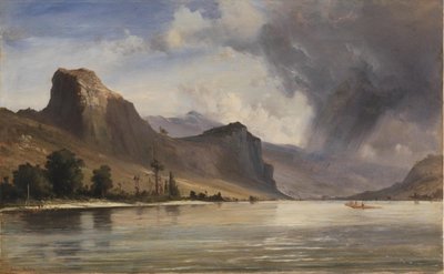 Kystlandskab med bjerge. En storm under opsejling af Anton Melbye
