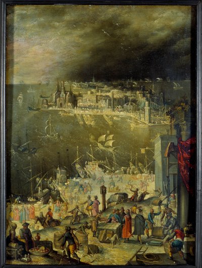 Udsigt over en søhavn Repræsentation af kommercielle aktiviteter, losning af varer, transaktioner på havnens dokker. Maleri tilskrevet Anton Mozart (1573-1625), søn. 0,3x0,22 m Paris, Louvre-museet af Anton Mozart