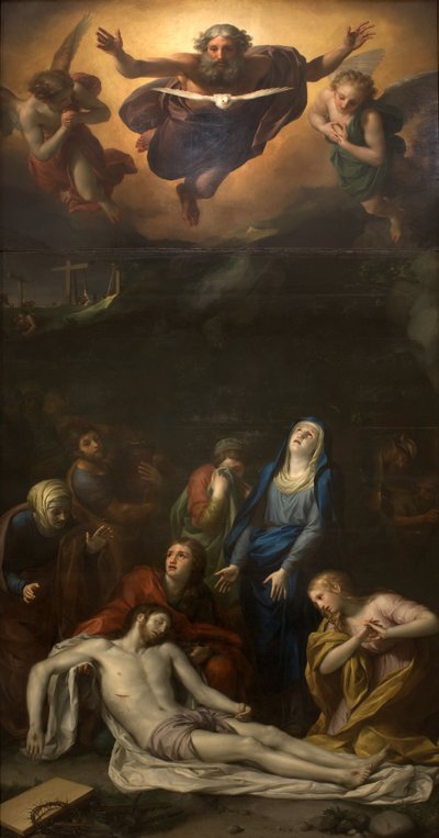 Nedstigningen fra korset - Blandt karaktererne repræsenteret omkring Jesu Kristi legeme: Sankt Josef af Arimathea, Sankt Nikodeme, Sankt Maria Magdalena, Jomfru Maria og Sankt Johannes Evangelisten - Repræsentation af den hellige treenighed (Gud, Jesus Chr af Anton Raphael Mengs