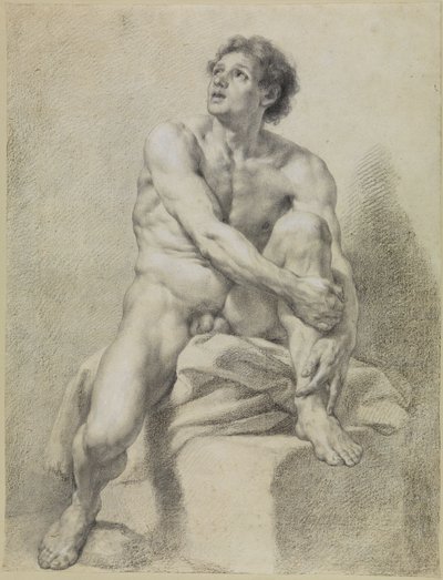 Siddende mandlig nøgenfigur, set omtrent forfra, med venstre ben løftet og holdt fast med begge hænder af Anton Raphael Mengs