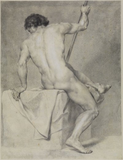 Siddende mandlig nøgenfigur set bagfra, der støtter sig til venstre og holder en stav i højre hånd af Anton Raphael Mengs