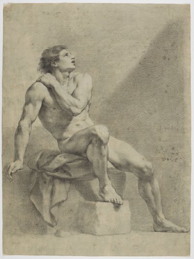 Siddende mandlig nøgenfigur, vendt skråt mod højre, med blikket rettet opad af Anton Raphael Mengs