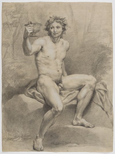 Siddende mandlig nøgenfigur, vendt skråt mod højre, med en vinbladskrans og en drikskål i højre hånd af Anton Raphael Mengs