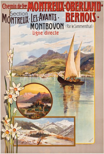 Plakatannoncering Montreux-Oberland-Bernois togrejser, ca. 1910 (farve litho) af Anton Reckziegel