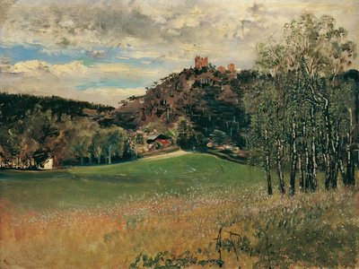Meiereiwiese i Vorderbrühl med Mödling-ruinerne af Anton Romako