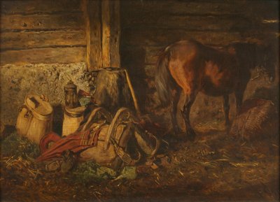 Staldinteriør med hest af Anton Schrodl