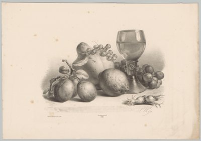Stilleben med glas, blommer, citron, vindruer og hasselnødder Blomster- og frugtstudier (...) 10. afsnit (serietitel) af Anton Weiss