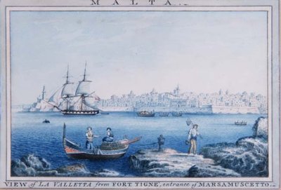 Malta: Udsigt over La Valletta fra Fort Tigne, indgangen til Marsamuscetto (akvarel) af Anton the Younger (circle) Schranz