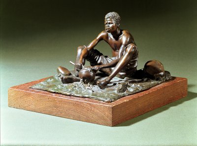 Siddende mand med gryde (bronze på egetræsbund) af Anton van Wouw