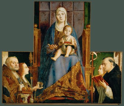 Den hellige Maria med barn og de hellige Nikolaus af Bari, Anastasia, Ursula, Dominicus og Helena af Antonello da Messina