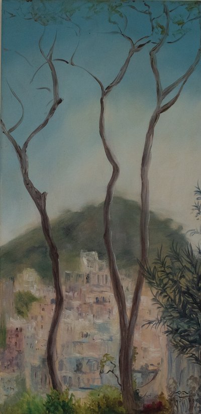 Italienske træer, Amalfikysten, 2018 (olie på lærred) af Antonia Myatt