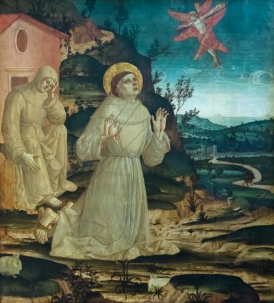 Sankt Frans af Assisi modtager stigmata (tempera på træpanel) af Antoniazzo (workshop of) Romano