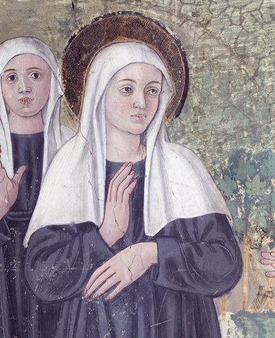 Life of St. Francesca Romana: Da hun vendte tilbage fra St. Pauls Basilica, blev helgenen fanget i ekstase, i en strøm, men rejste sig helt tør, detaljer (Fresco af Antoniazzo Romano