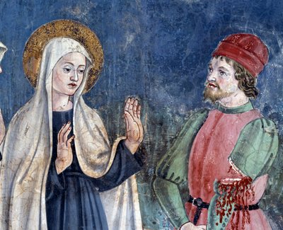 Life of St Francesca Romana: Ved hendes tilbagevenden til St John Lateran helbreder helgenen en mand med en overskåret arm, detaljer (Fresco af Antoniazzo Romano