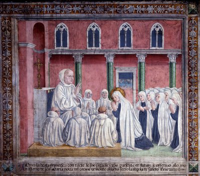St. Francesca Romanas liv: Helgenen og oblaterne ofrer sig til benediktinerordenen og slår sig ned i kirken Santa Maria Nova, Rom (Fresco) af Antoniazzo Romano
