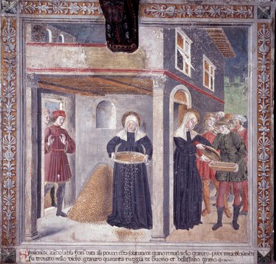 St. Francesca Romanas liv: under en alvorlig hungersnød i 1402 giver Francesca alt sit korn til de fattige (Fresco af Antoniazzo Romano