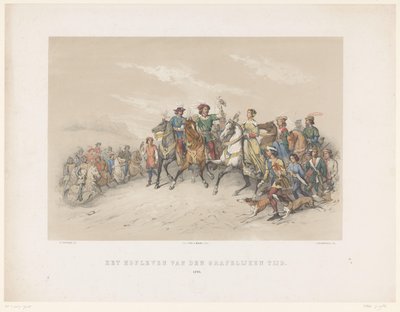 Utrecht Masquerade af 1851: Hofliv i 1296 Grevetidens Hofliv. 1296 (titel på objekt) Den nationale historie. fra de tidligste tider til slutningen af ​​1600-tallet, i otte scener, præsenteret i dragt af H.H. Dtudente af Antonie Johannes Groeneveldt