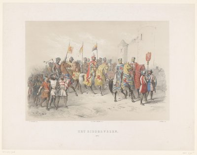 Utrecht Masquerade af 1851: Ridderskab, 1217 The Knighthood, 1217 (titel på objekt) Den nationale historie. fra de ældste tider til slutningen af ​​1600-tallet, i otte scener, præsenteret i dragt af H.H. Studerende fra Utrechtsche Hoo af Antonie Johannes Groeneveldt