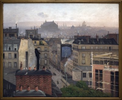 Paris set fra Montmartre. På væggen i en af bygningerne, en annonce for "Den Lille Avis". Maleri af Antonin Chitussi (Chittussi) (1847-1891), olie på lærred af Antonin Chittussi