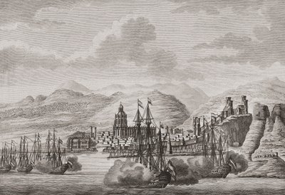 Hollannin laivasto Malagan edustalla Espanjassa 1784 tulistusta. (Tulosta) af Antonio (after) Suntach