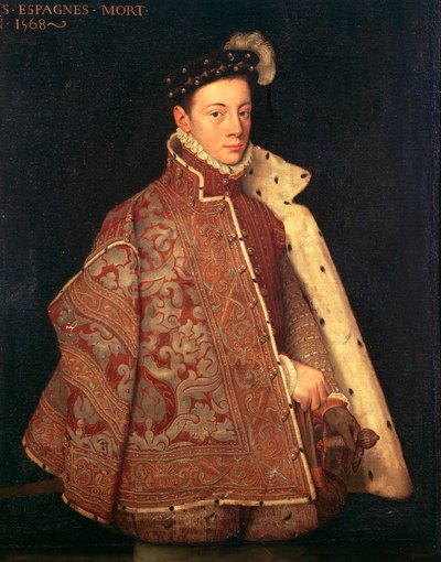 Portræt af Don Carlos, Prins af Asturien (olie på lærred) af Antonio (studio of) (attr. to) Moro