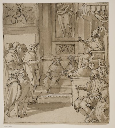 En kardinal af Barbarigo-familien modtaget i audiens af paven. Studer til en fresco i Villa Barbarigo, Noventa Vicentina af Antonio Aliense