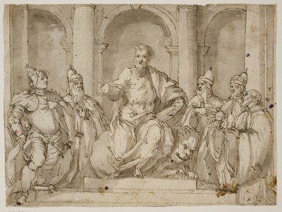 St. Mark troner omgivet af fire doger og en mand med en doges kasket i hænderne af Antonio Aliense