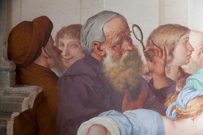 Bystanders, fresko af Antonio Busca (1625-1684), 20. kapel, Saint Francis kanoniseret af pave Gregor IX, Sacred Mountain of Orta (UNESCOs verdensarvsliste, 2003), Orta San Giulio, Piemonte, Italien af Antonio Busca