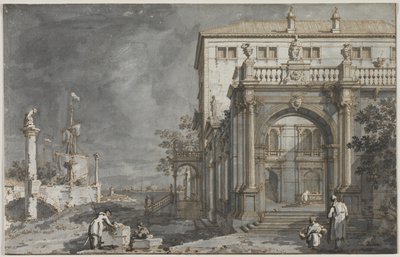 Capriccio: Et palads med en gårdhave ved lagunen af Antonio Canaletto