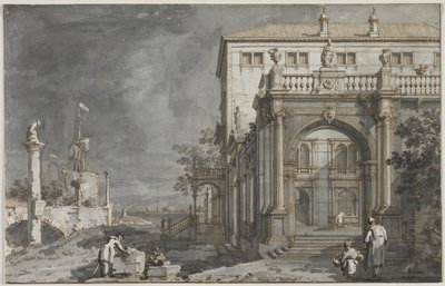 Capriccio: Et palads med en gårdhave ved lagunen, ca. 1750-1755. af Giovanni Antonio Canal
