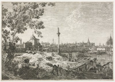 Panorama af en by ved en flod. af Giovanni Antonio Canal