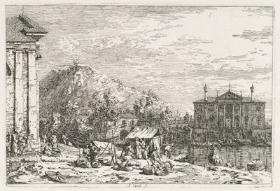Udsigt: En by hinsides en flod af Antonio Canaletto