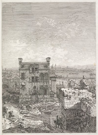 Udsigt: Et hus omgivet af seks søjler af Antonio Canaletto