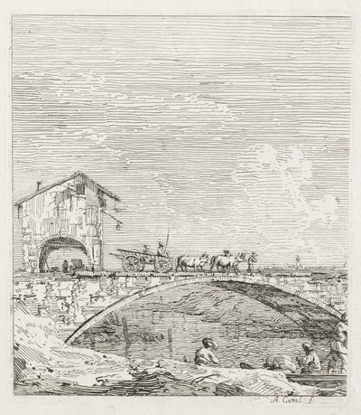Udsigt: En vogn passerer over en bro af Antonio Canaletto