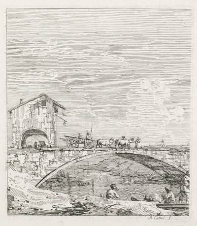 Visninger: En vogn passerer over en bro, 1735-1746. af Giovanni Antonio Canal