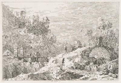 Udsigt: Bjerglandskab med fem broer af Antonio Canaletto