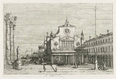 Udsigt: Tre søjler og en statue på havkysten af Antonio Canaletto