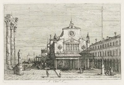 Udsigt: Tre søjler og en statue på havkysten, 1735-1746. af Giovanni Antonio Canal