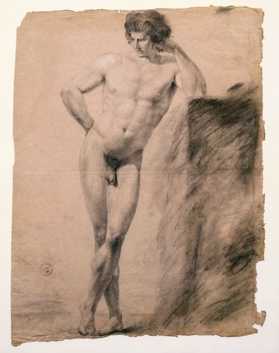 Studie af mandlig nøgen lænet op på sokkel af Antonio Canova (1757-1822), tegning af Antonio Canova