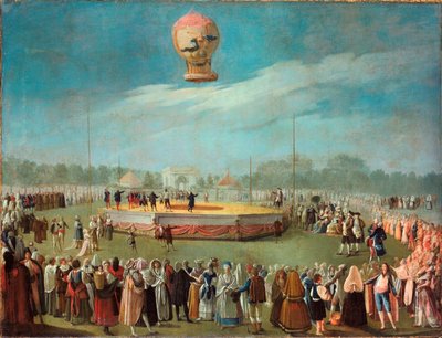 Ascent of a Balloon in the Presence of the Court of Charles IV - Maleri af Antonio Carnicero Mancio (1748-1814), olie på lærred af Antonio Carnicero