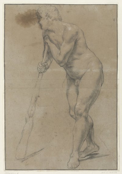 Studie af en nøgen mand, der læner sig op ad en kølle af Antonio Carracci