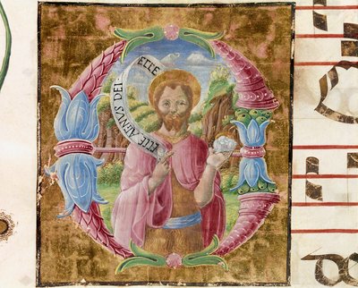 Sankt Johannes Døberen Lettrine belyst af Antonio Cicognari. Detalje af et antifonar. 1483. Cremone, kor 4, domkirkens kapitel af Antonio Cicognara